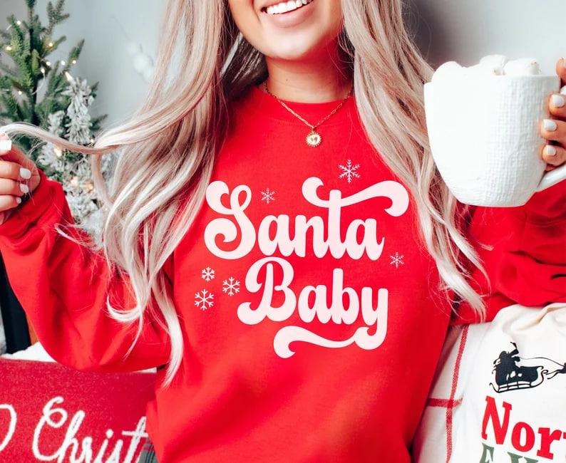 Santa Baby Christmas Pregnancy Announcement Sweatshirt, XMas Maternity Sweater, Holiday Gender Reveal Outfit Winter Baby...