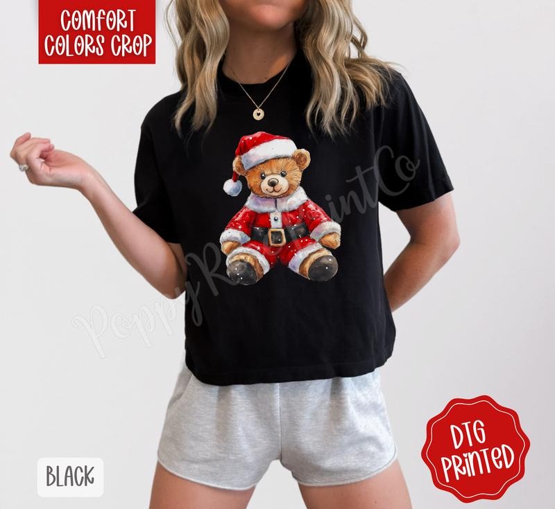 Santa Bear Cropped Comfort Colors Tee, Trendy Christmas Tshirt for Women Hoodie, Sweatshirt | HypeDripTees.com