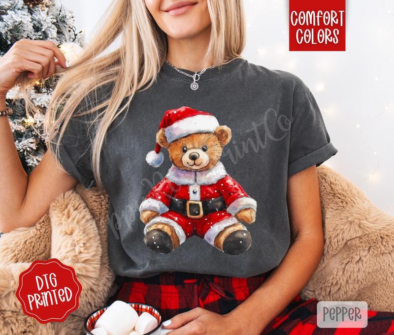 Santa Bear Shirt Comfort Colors, Trendy Women's Christmas Tshirt Hoodie, Sweatshirt | HypeDripTees.com