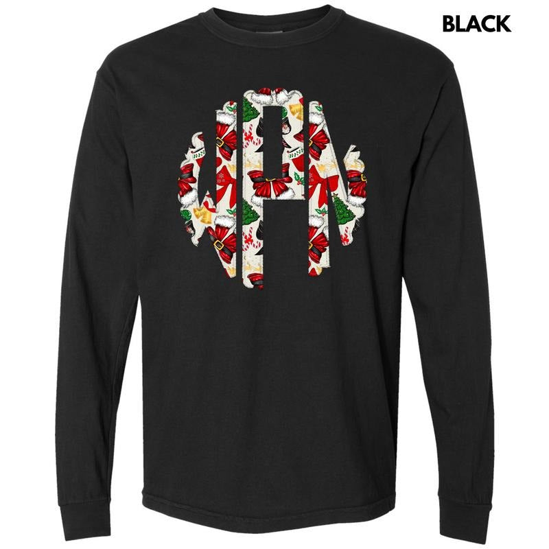 Santa Bow Theme Monogram Long Sleeve Comfort Colors T-Shirt 'NLB' Hoodie, Sweatshirt | HypeDripTees.com