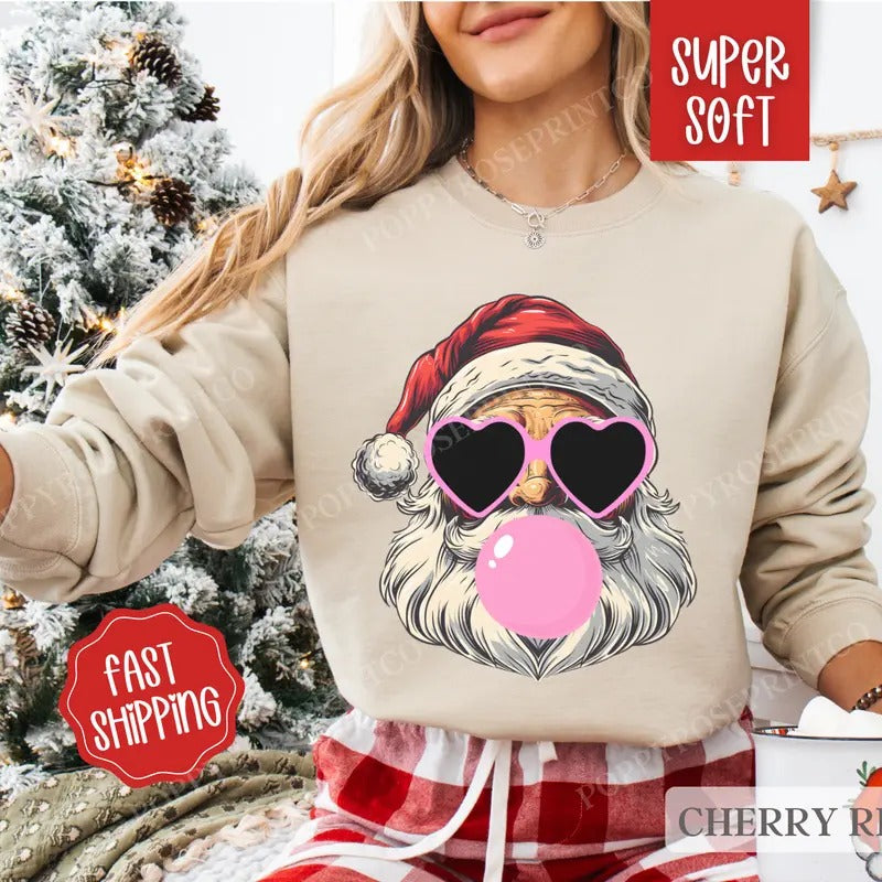 Santa Christmas Sweatshirt, Merry Christmas Sweater, Women's Holiday Crewneck retro christmas T-Shirts, Hoodie