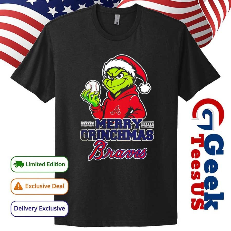 Santa Grinch wears Atlanta Braves baseball Merry Christmas 2025 shirt