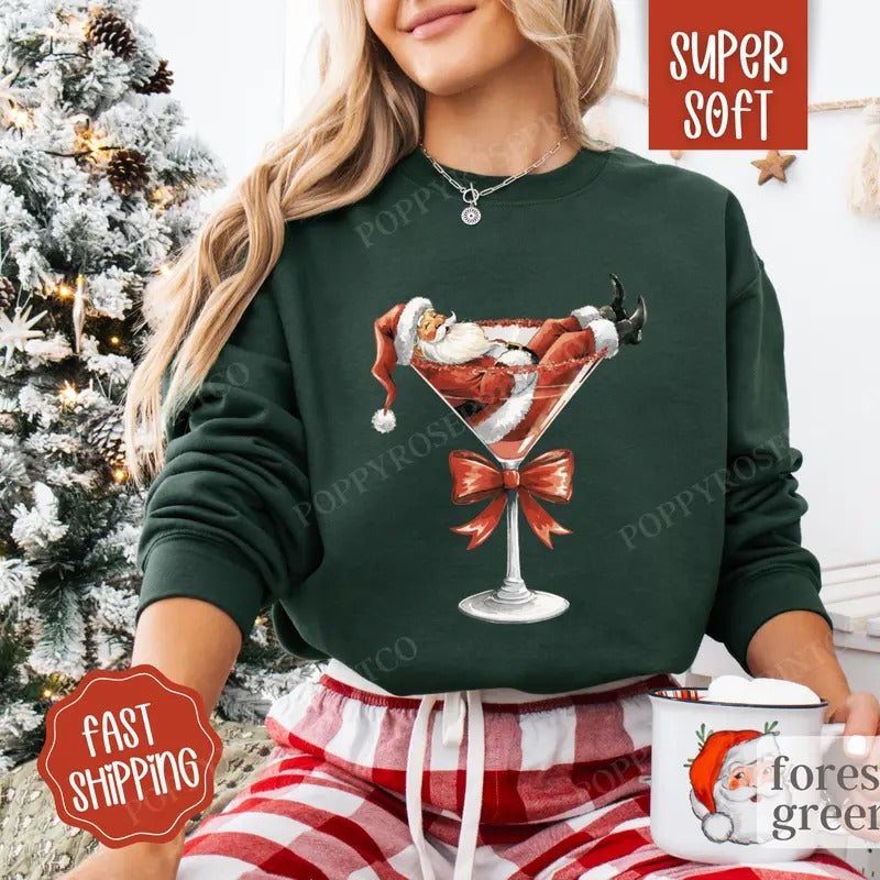 Santa Martini Sweatshirt, Merry Christmas Sweater, Women's Holiday Crewneck T-Shirts, Hoodie | HypeDripTees.com