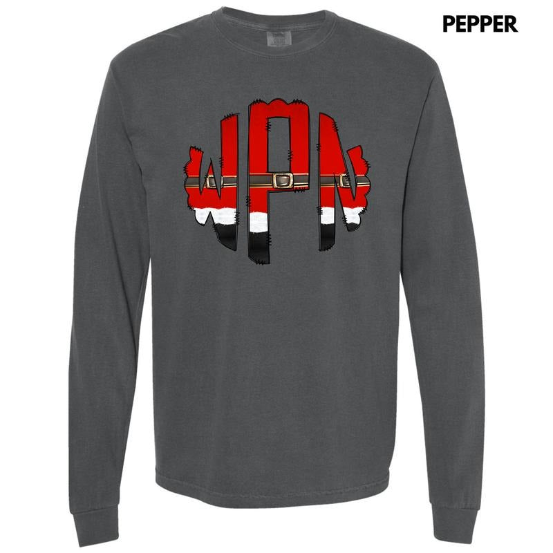 Santa Outfit Monogram Long Sleeve Comfort Colors T-Shirt 'NLB' Hoodie, Sweatshirt | HypeDripTees.com