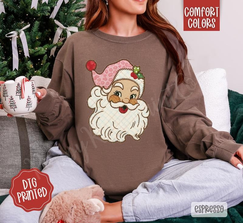 Santa Patch Comfort Colors Long Sleeve T-Shirt, Cute Women's Christmas Tee Hoodie, Sweatshirt | HypeDripTees.com