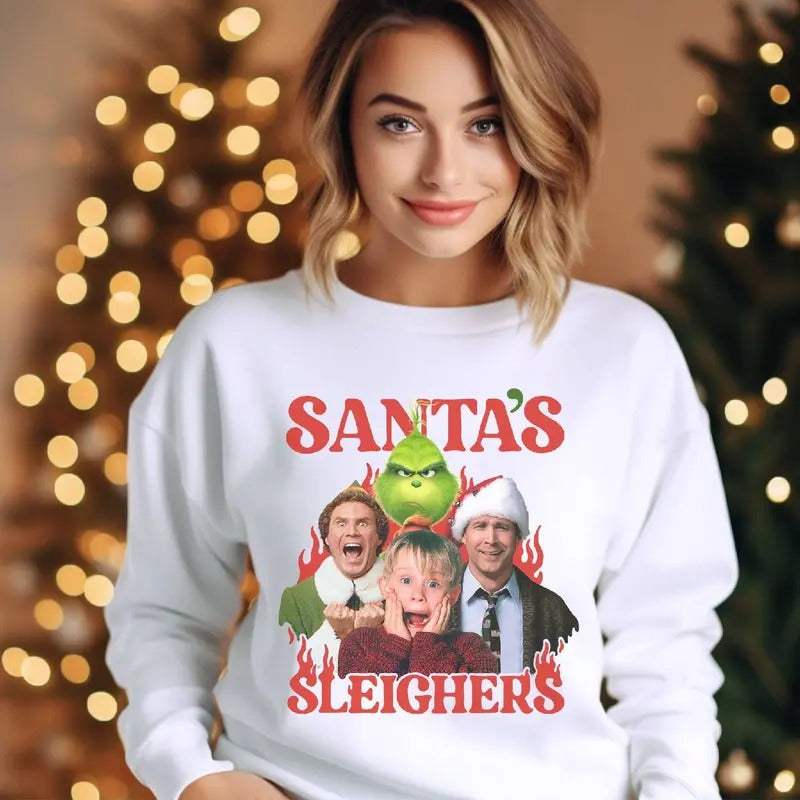 Santa Sleighers Shirt, Elf Kevin Grnnch Shirt, Vintage Christmas Movies Characters Shirt, Christmas Holiday Vacation...