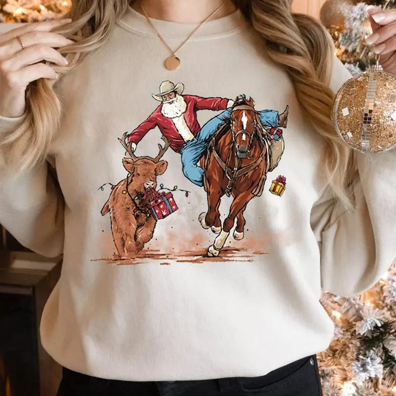 Santa bulldogging T-Shirt - Christmas Sweatshirt Hoodie For Men Forr Women | HypeDripTees.com