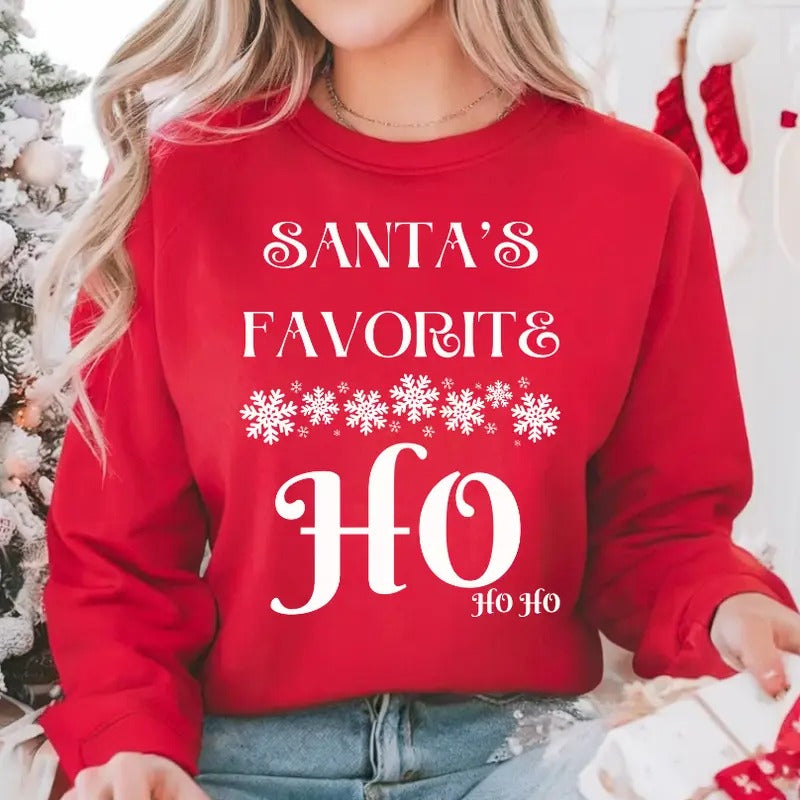 Santa's Favorite Ho ho ho Oversized Print Casual Holiday Christmas Crewneck Sweatshirt Comfort Fit Unisex T-Shirts, Hoodie