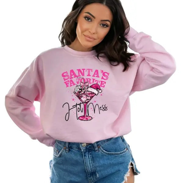 'Santa's Favorite Hot Mess' Christmas Sweatshirt, T-Shirt, or Hoodie | Casual Holiday Pullover | Comfortable Holiday...