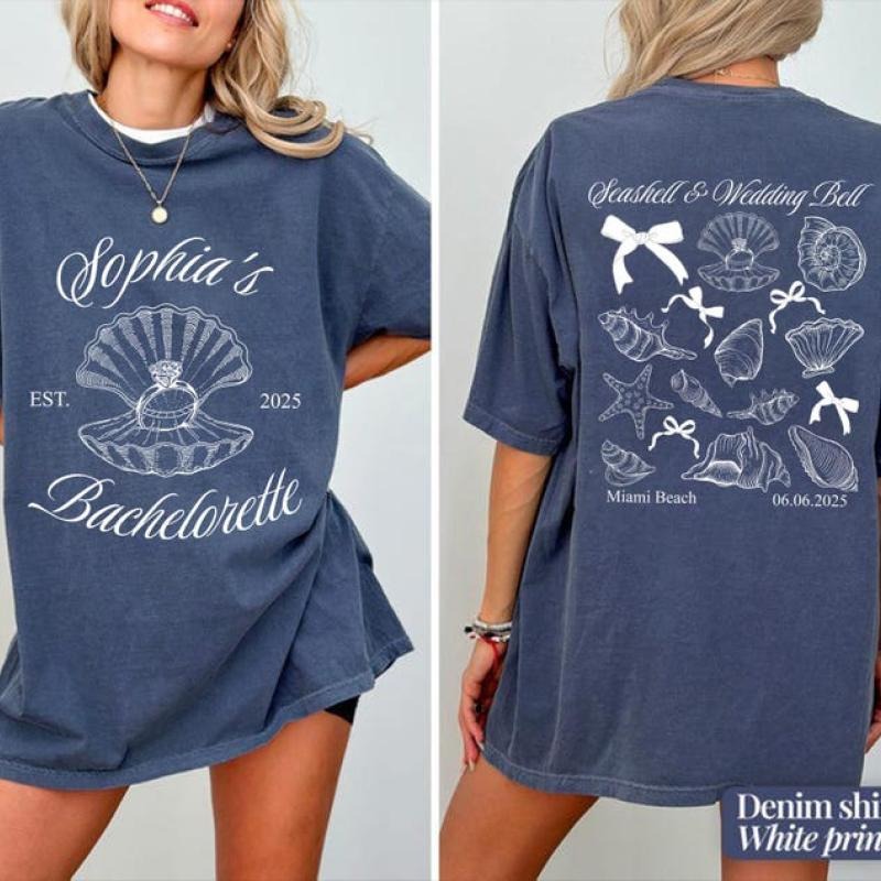 Seashells and Wedding Bells Bachelorette 2 sides Shirts, Custom Location Bach Shirt, Beach Bachelorette Party Shirts,...
