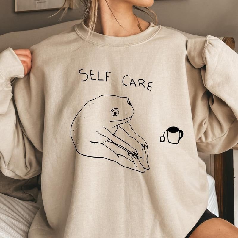 Self Care Sweatshirt, Funny Frog Self Care, Frog Yoga Sweatshirt, Funny Trending Sweatshirt, Frog Self Care Hoodie,...