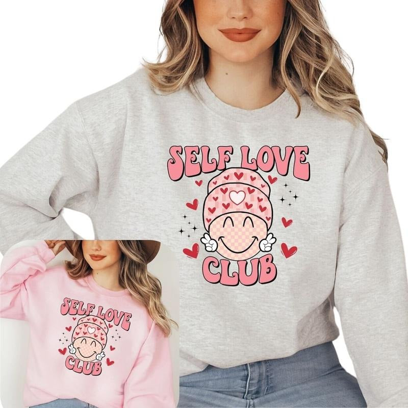 Self Love Club Valentines Sweatshirt, Cute Retro Groovy Hearts Valentines T-Shirts, Hoodie | HypeDripTees.com