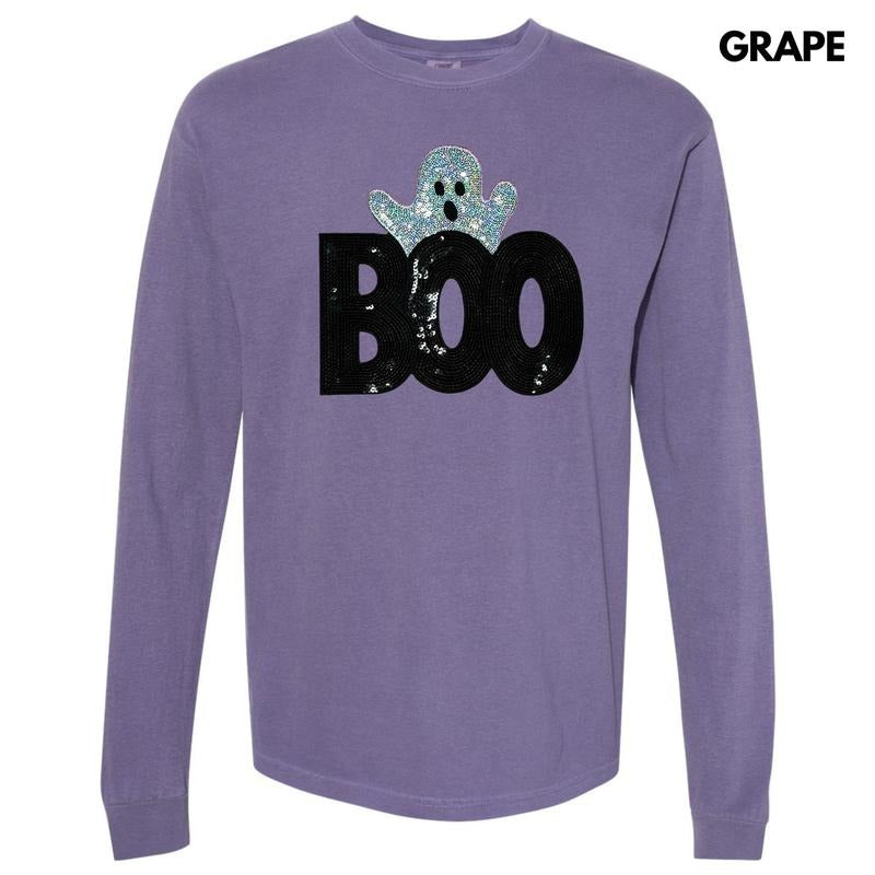 Sequin Boo Ghost Patch Long Sleeve Comfort Colors T-Shirt Hoodie, Sweatshirt | HypeDripTees.com