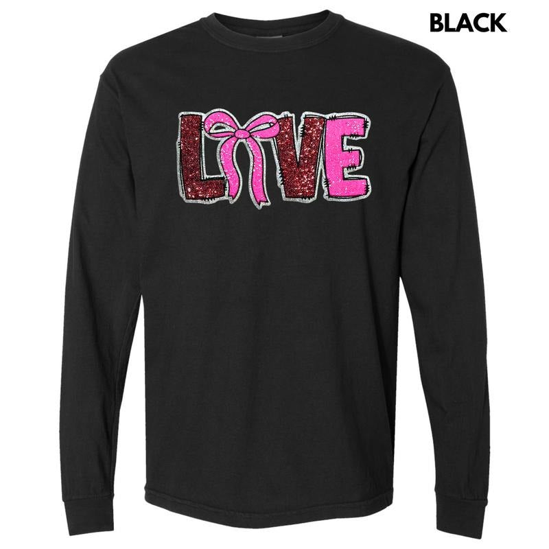 Sequin Love Bow Patch Long Sleeve Comfort Colors T-Shirt Hoodie, Sweatshirt | HypeDripTees.com