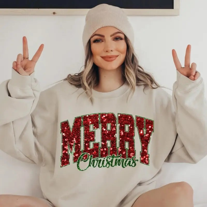 Sequin Print Merry Christmas Sweater, Trendy Christmas Crewneck, Winter Sweatshirt, Xmas Graphic Pullover, Cute Holiday...