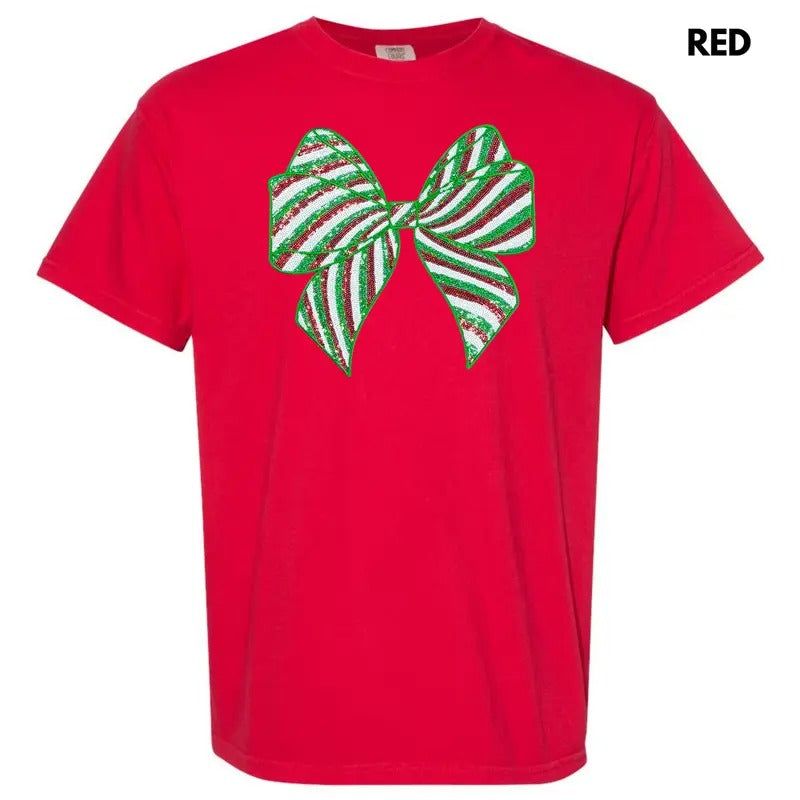 Sequin Red & Green Bow Patch Comfort Colors T-Shirt Hoodie, Sweatshirt | HypeDripTees.com