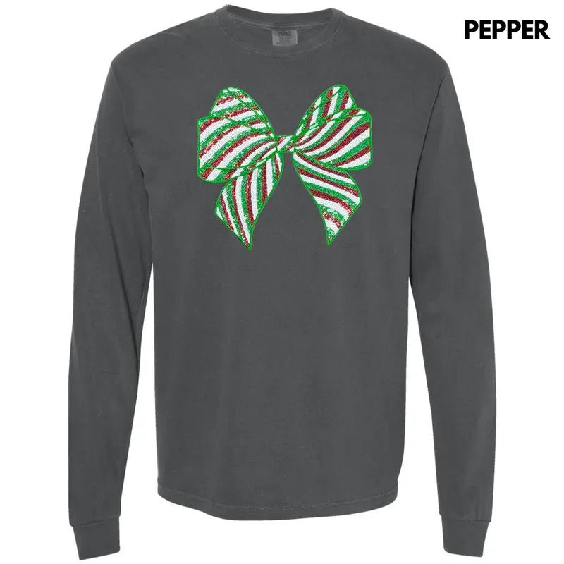 Sequin Red & Green Bow Patch Long Sleeve Comfort Colors T-Shirt Hoodie, Sweatshirt | HypeDripTees.com