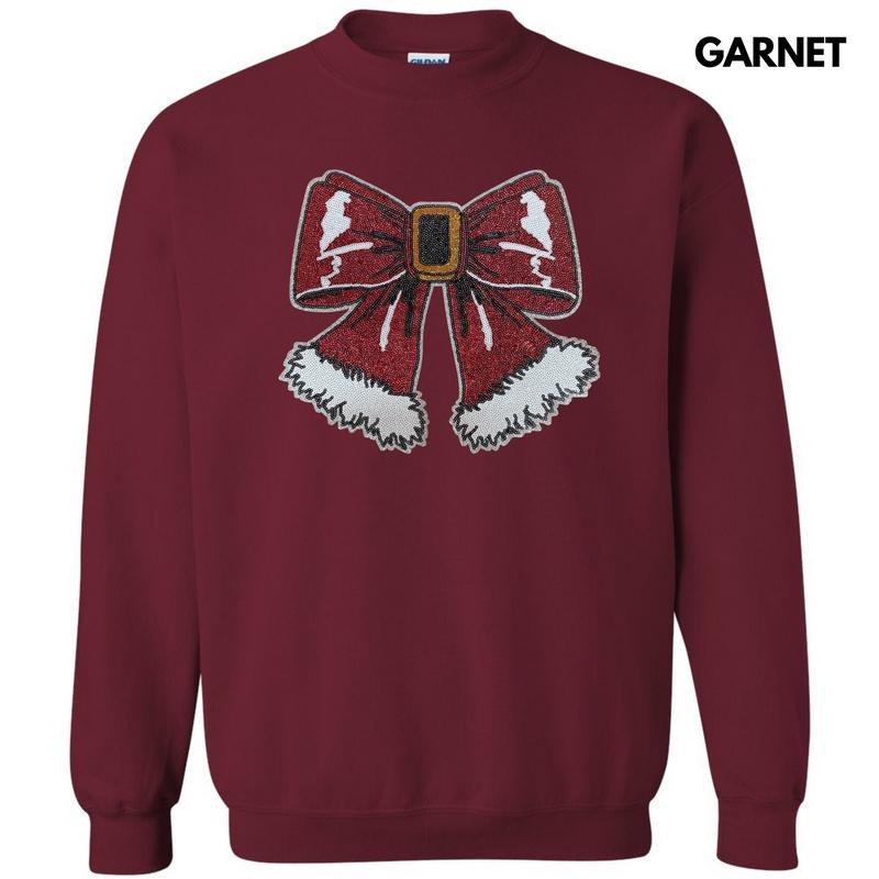 Sequin Santa Bow Patch Sweatshirt T-Shirts, Hoodie | HypeDripTees.com