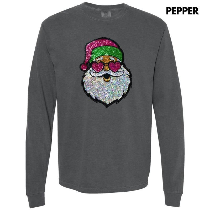 Sequin Santa Heart Eyes Patch Long Sleeve Comfort Colors T-Shirt Hoodie, Sweatshirt | HypeDripTees.com