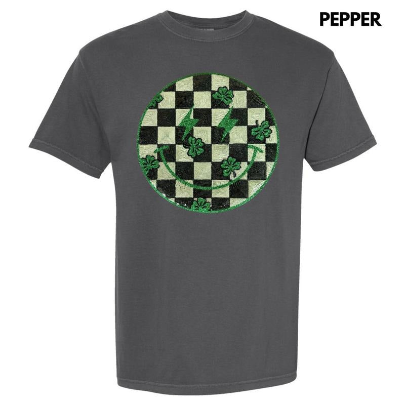 Sequin Shamrock Happy Face Patch Comfort Colors T-Shirt Hoodie, Sweatshirt | HypeDripTees.com