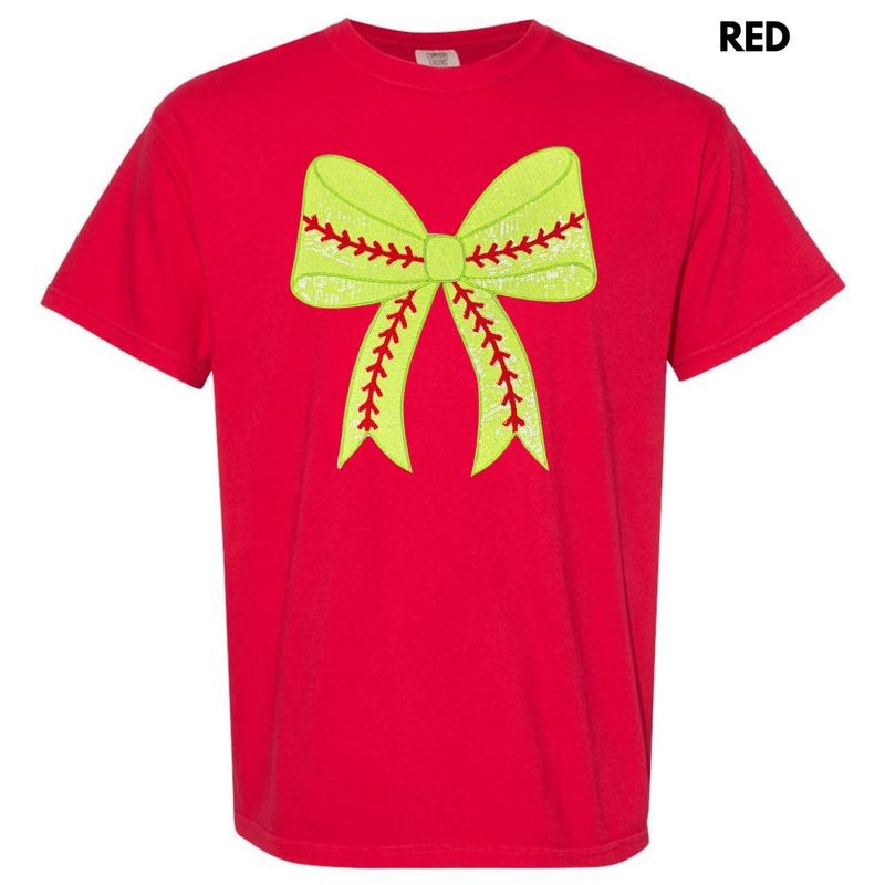 Sequin Softball Bow Patch Comfort Colors T-Shirt Hoodie, Sweatshirt | HypeDripTees.com