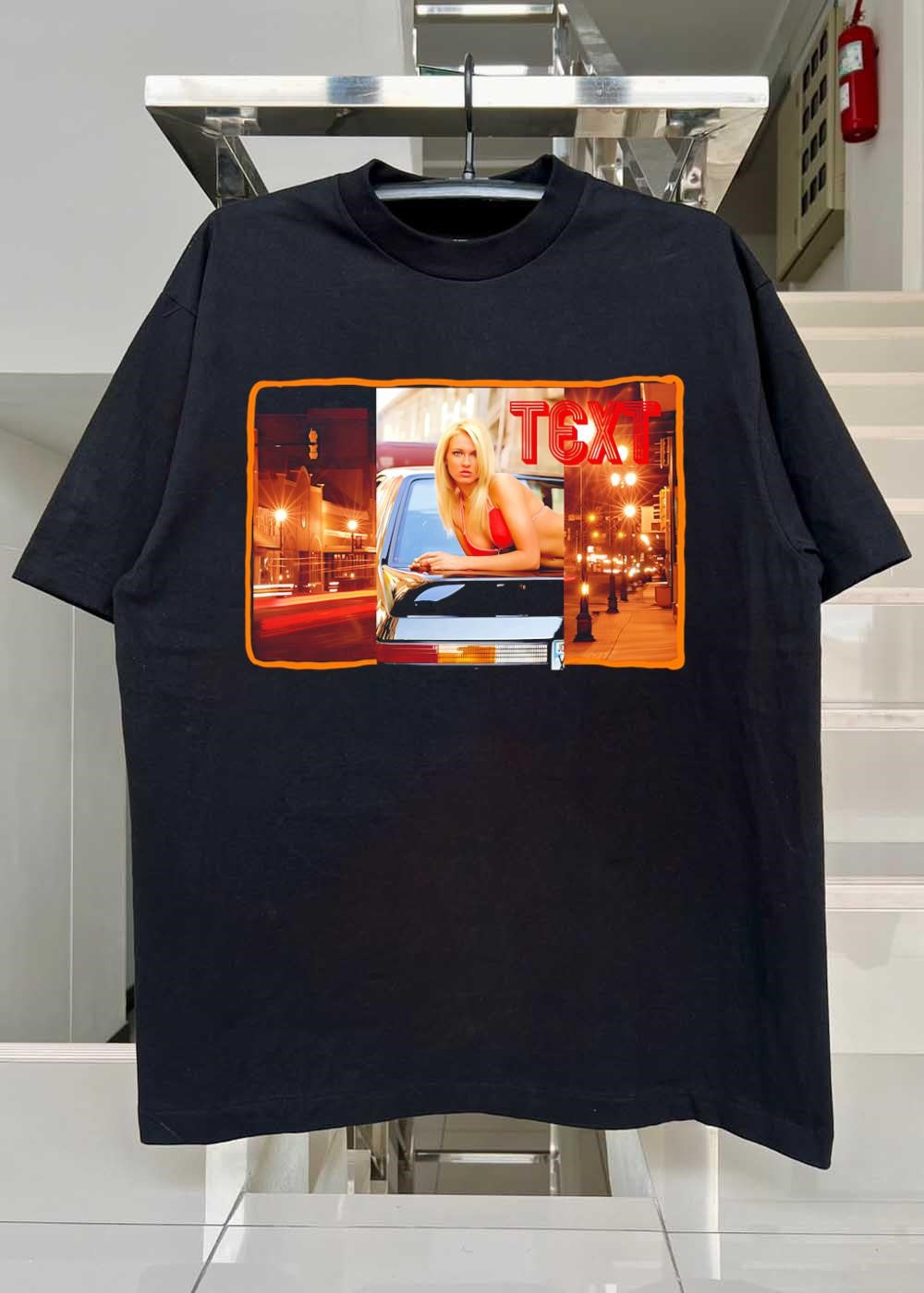 Sexy Blonde Woman Leaning on a Car Text T-Shirt