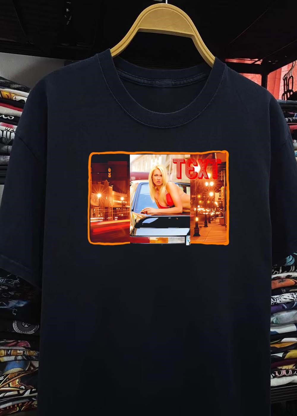 Sexy Blonde Woman Leaning on a Car Text T-Shirt