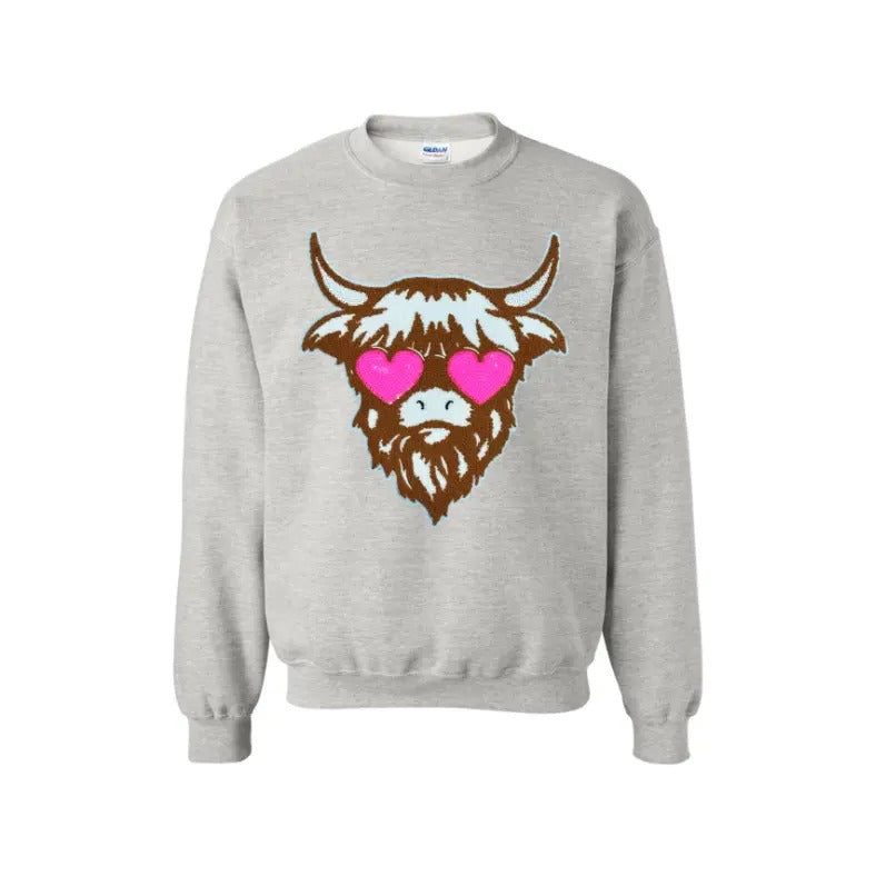 Shaggy Heifer Chenille Patch Sweatshirt -- ASH GREY T-Shirts, Hoodie | HypeDripTees.com
