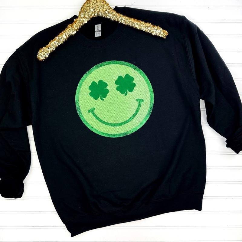 Shamrock Happy Face Patch Sweatshirt -- BLACK T-Shirts, Hoodie | HypeDripTees.com