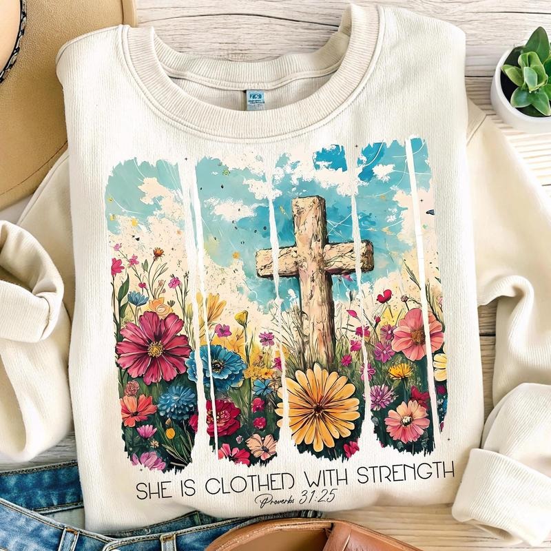 She Is Clothed With Strength Shirt, Wildflower Christian Shirt, Bible Verse Shirt, Brushstroke Shirt, Christian Boho...