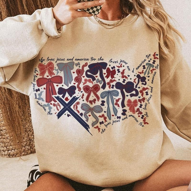 She Loves Jesus And America Too Shirt, Coquette 4Th Of July Shirt, Coquette Girly Shirt, American Girl Shirt, Jesus...
