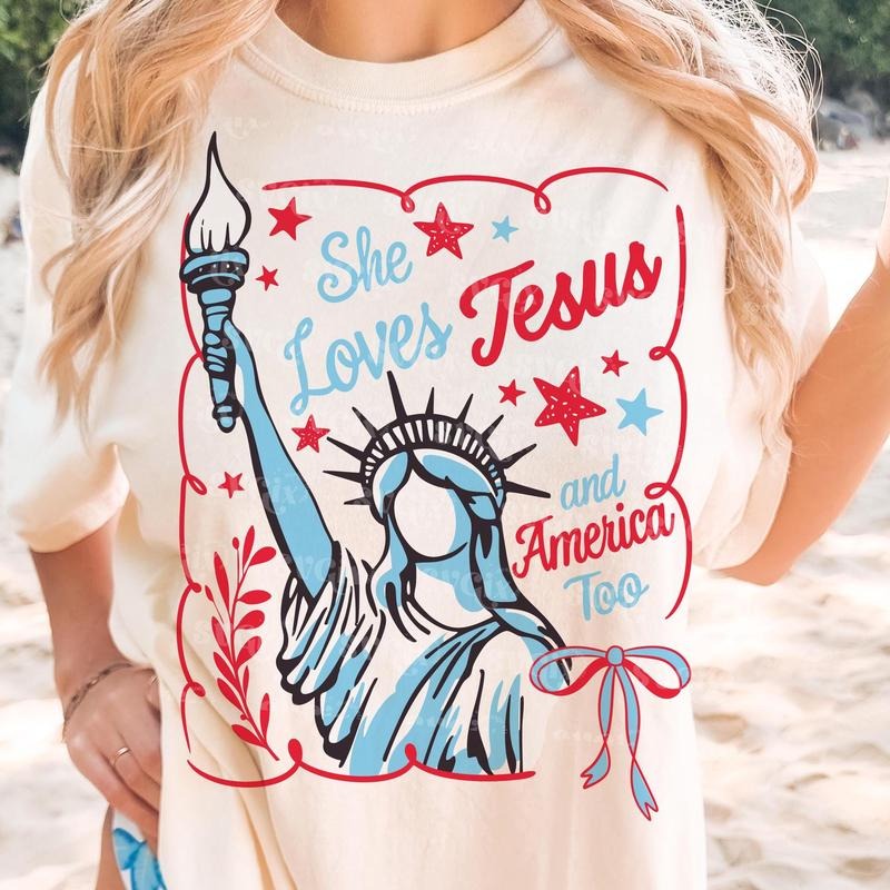 She Loves Jesus America Too Shirt Christian 4th July Faith Patriotic 100% Cotton T-Shirts, Hoodie, Sweatshirt