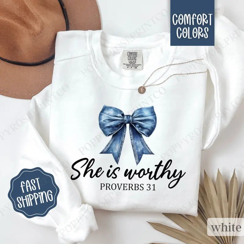 She is Worthy Jean Bow Sweatshirt Comfort Colors, Christian Coquette Crewneck, Trendy Women's Sweater T-Shirts, Hoodie