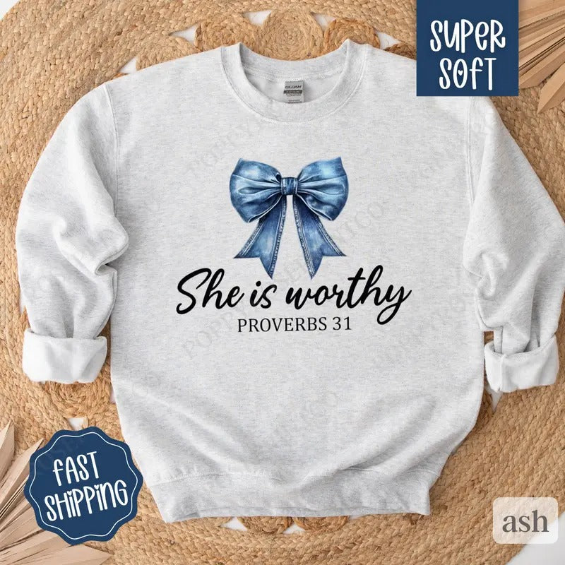 She is Worthy Jean Bow Sweatshirt, Christian Coquette Crewneck, Trendy Women's Sweater T-Shirts, Hoodie | HypeDripTees.com