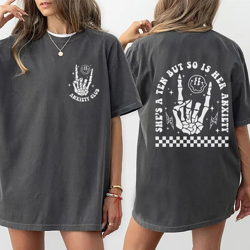 She's A Ten Shirt, Anxiety Club T-shirt, Gifts For Women, Funny Skullie Tee, Trendy Tops For Women, Lady's Casual Style...