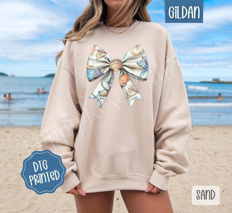 Shell Bow Sweatshirt, Cute Summer Sweater, Girly Beach Crewneck T-Shirts, Hoodie | HypeDripTees.com
