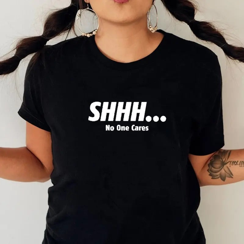 Shhh... No One Cares Funny Tee Pure Cotton Casual Street Style Crew Neck Short Sleeve T-Shirt Tops Trendy For Women For...