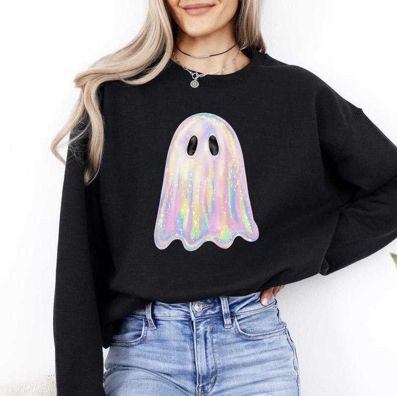 Shimmering Ghost, Iridescent Ghost, Boo, Cute Ghost, Faux Glitter Ghost, Spooky Season, Halloween Sweatshirt T-Shirts, Hoodie