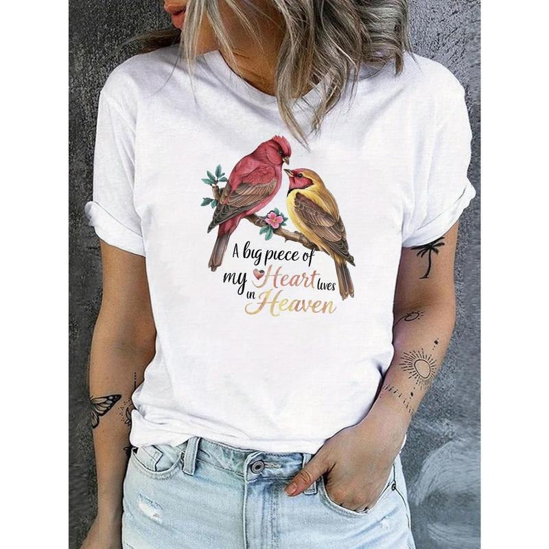 Short Sleeve Crew Neck Bird Print T-Shirt for Spring & Summer, Casual Women'S Clothing Hoodie, Sweatshirt | HypeDripTees.com