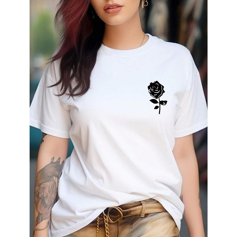 Short Sleeve Crew Neck Rose Print T-Shirt for Spring & Summer, Casual Women's Clothing Hoodie, Sweatshirt | HypeDripTees.com