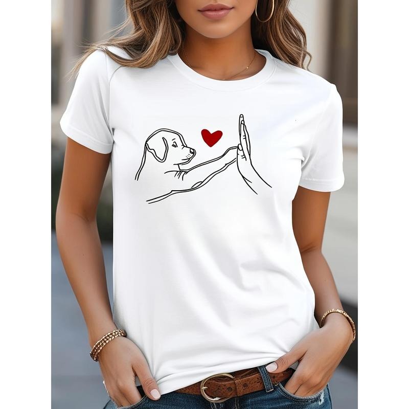 Short-Sleeve Round Neck Tee - Casual Women's T-Shirt With Dog High-Five And Heart Print For Everyday Wear Hoodie, Sweatshirt