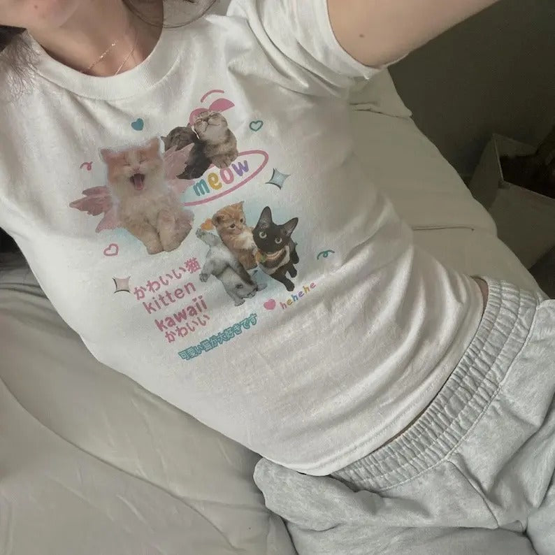 Silly Cat Y2K Baby Tee Shirt 90s Aesthetic Cat Meme TShirt, Y2K Kitten Baby Tee Fit Streetwear Hoodie, Sweatshirt