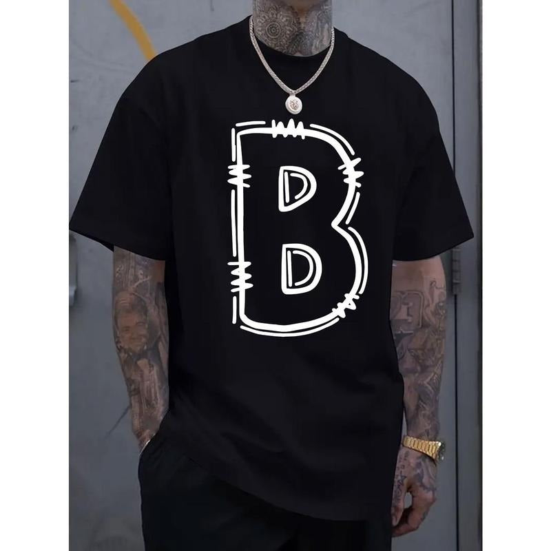 Simple and fashionable men's round neck short sleeved T-shirt with B-letter print, comfortable and breathable casual sports top suitable for spring and summer vacation leisure Made in USA