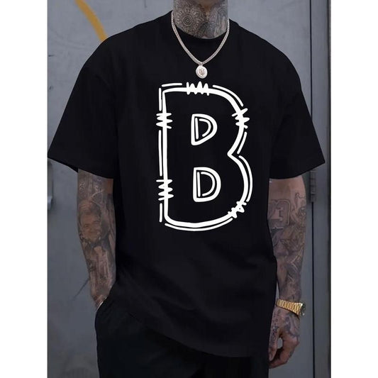 Simple and fashionable men's round neck short sleeved T-shirt with B-letter print, comfortable and breathable casual sports top suitable for spring and summer vacation leisure Made in USA
