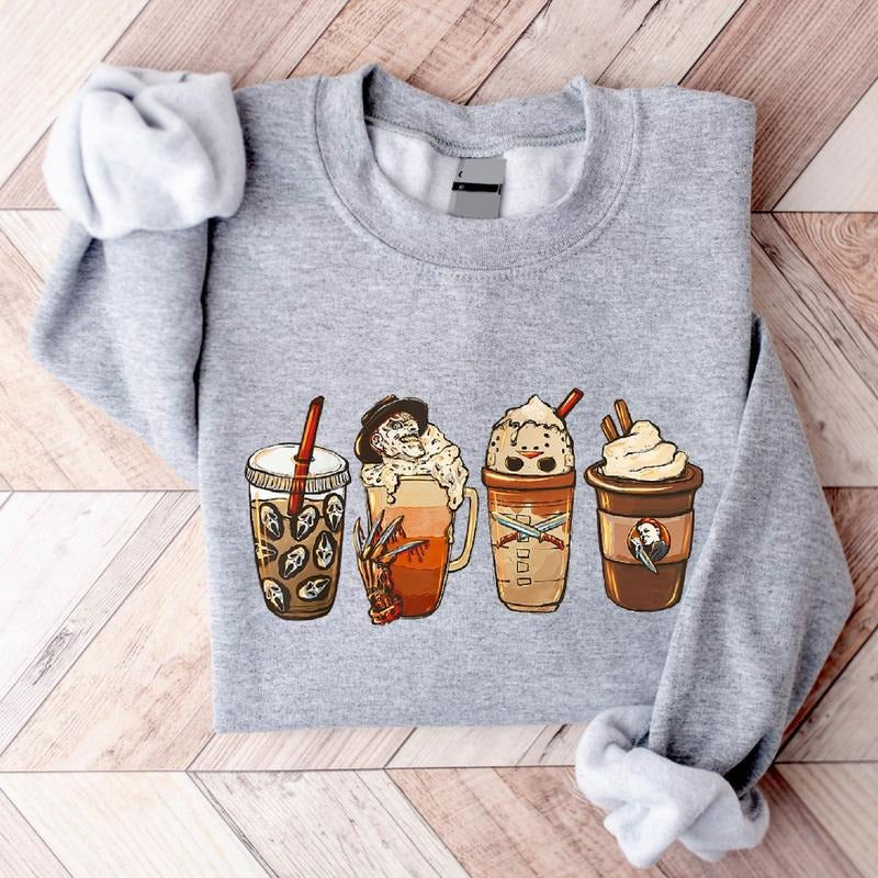 Skeleton Coffee Cups Sweatshirt, Horror Coffee Latte Hoodie, Unisex Coffee Lover Gift, Spooky Season Sweater, Woman Fall...