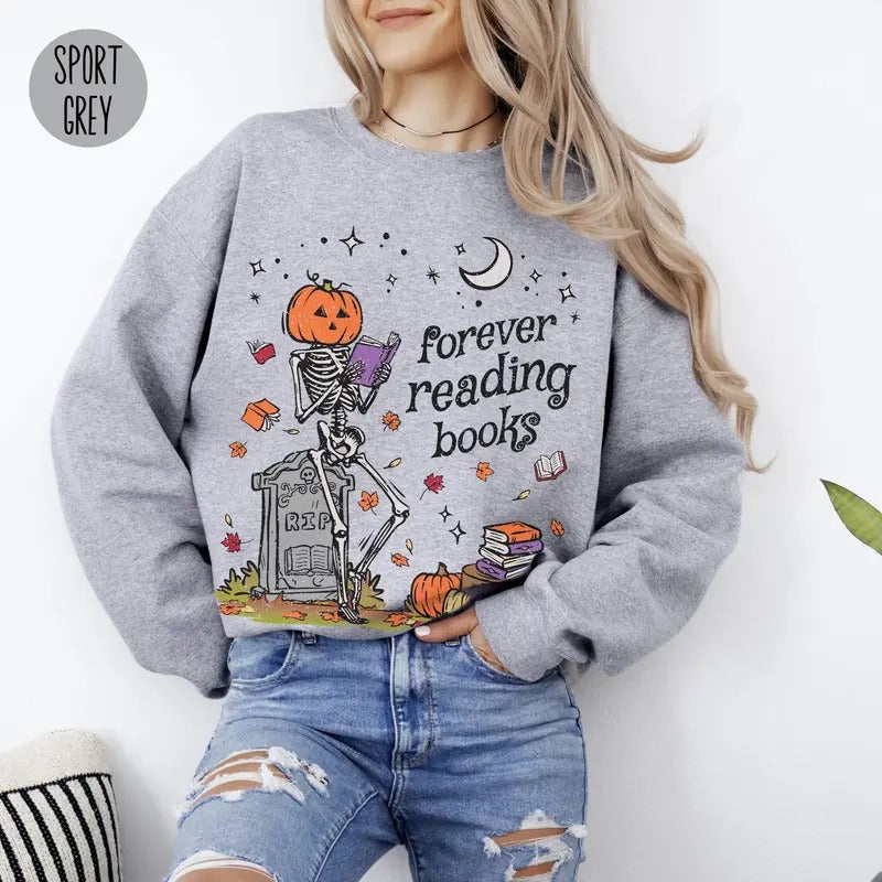 Skeleton Forever Reading Books Sweatshirt, Skeleton Pumpkin Halloween Tee Shirt, Skeleton Fall Pumpkin Sweater, Halloween...