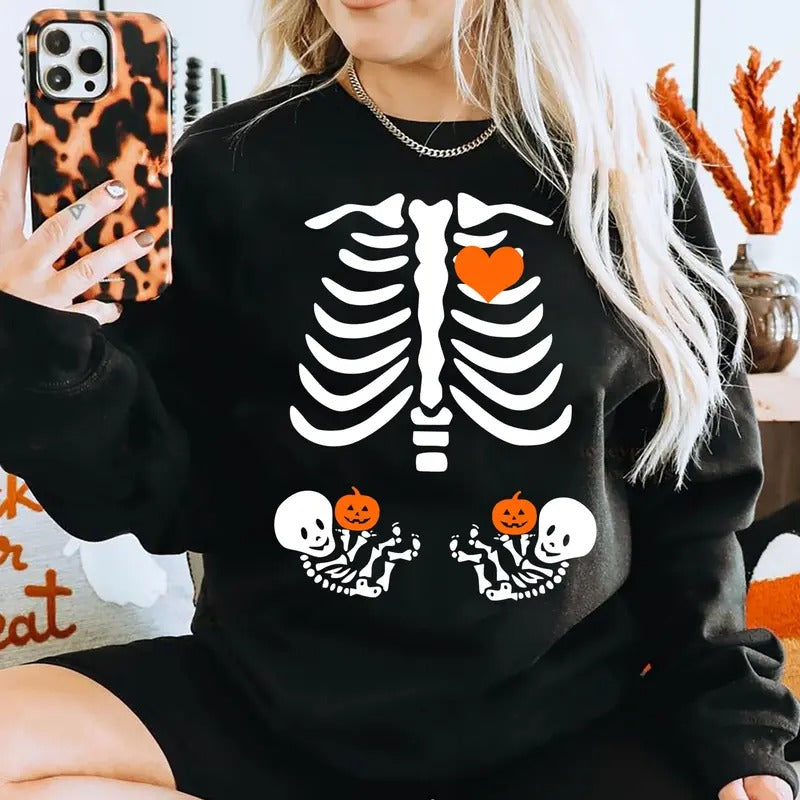 Skeleton Halloween Maternity Sweatshirt, Funny Pregnancy Announcement Shirt 2024, Twin Mama Halloween Sweatshirt,...