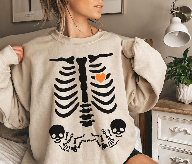 Skeleton Halloween Maternity Sweatshirt, Funny Twin Pregnancy Announcement Shirt, Pregnant Women Costume, Fall Twins Mom...