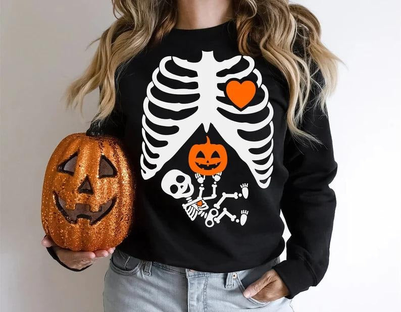 Skeleton Halloween Pregnancy Announcement Shirt Maternity Funny 2024 Pregnant Shirt Fall New Mom Mommy Be T-Shirts, Hoodie, Sweatshirt