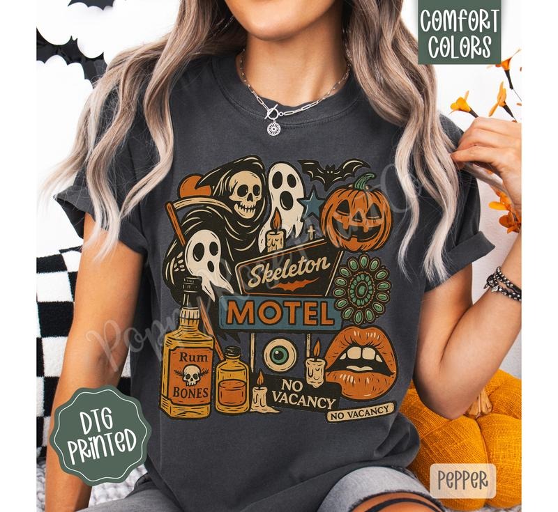 Skeleton Motel Comfort Colors Shirt, Trendy Halloween Tshirt Hoodie, Sweatshirt | HypeDripTees.com
